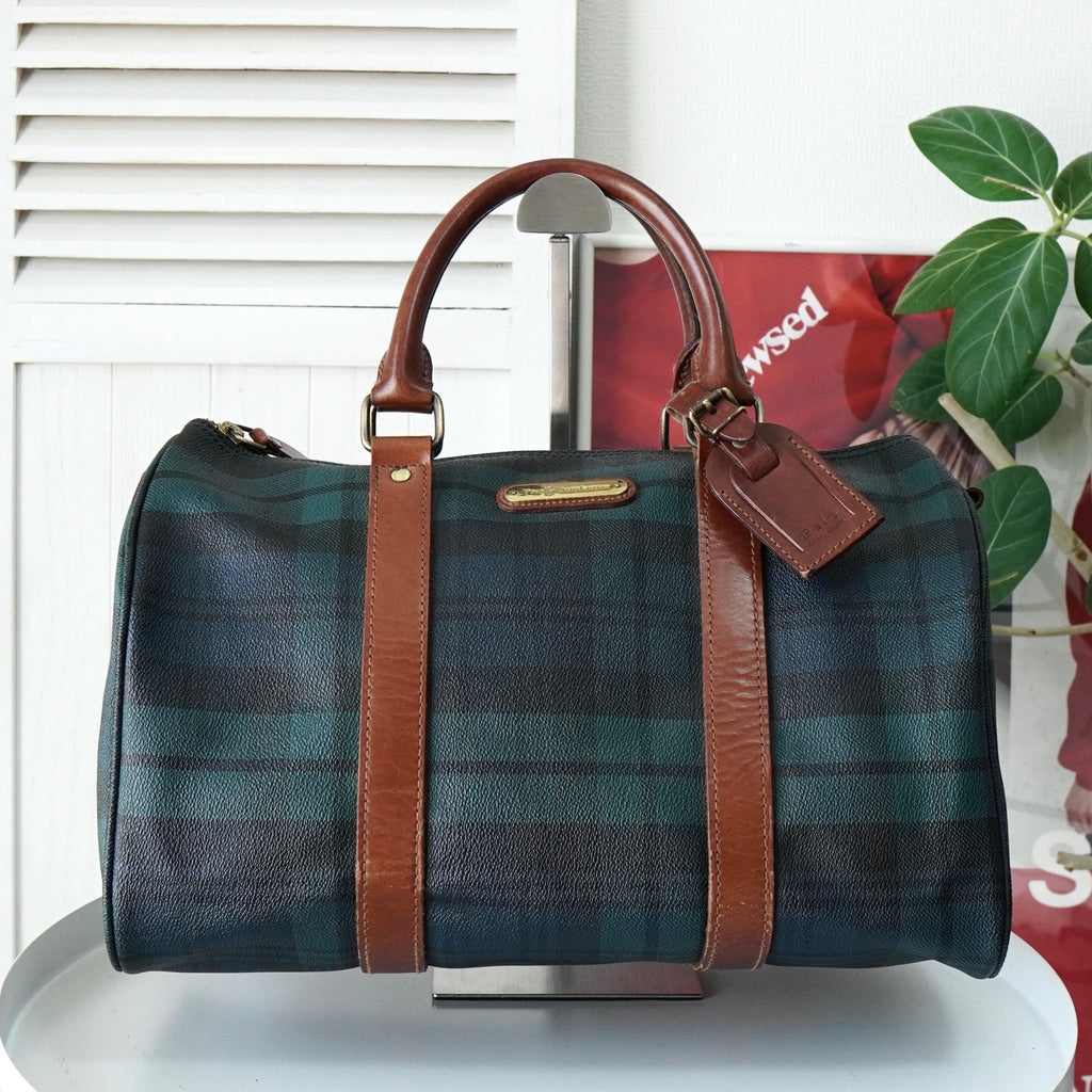 ポロ ラルフローレン チェック柄 ボストンバッグ PVC/レザー ダークグリーン