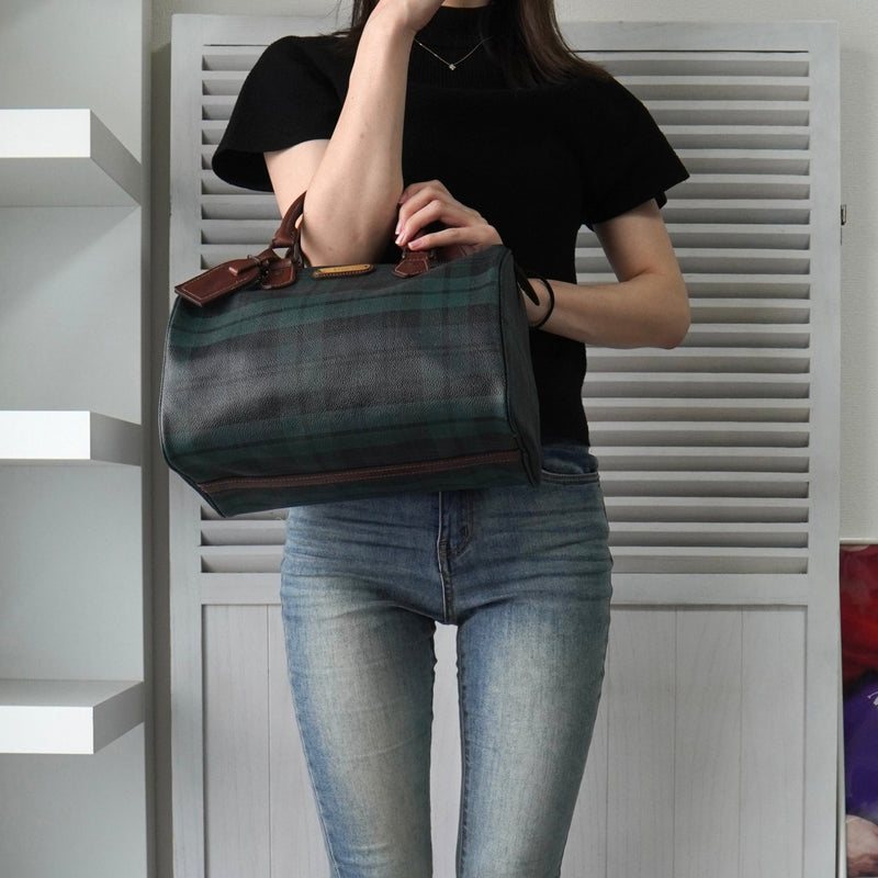 ポロ ラルフローレン チェック柄 PVC ハンドバッグ ミニボストンバッグ グリーン - NEWSED