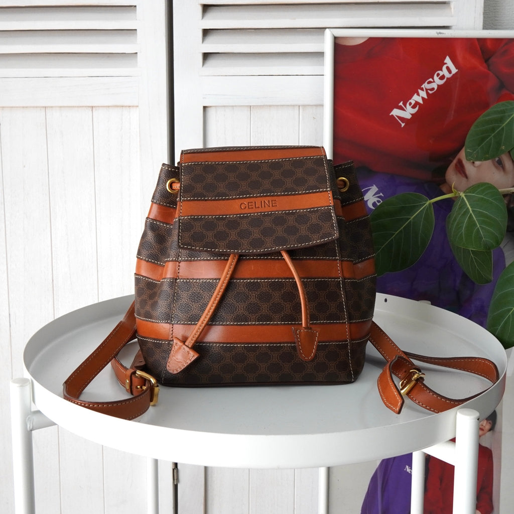 セリーヌ マカダム PVC / レザー ストライプ リュックサック ブラウン