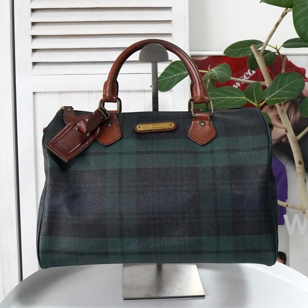 ポロ ラルフローレン チェック柄 PVC / レザー ミニボストンバッグ ハンドバッグ グリーン ブラウン