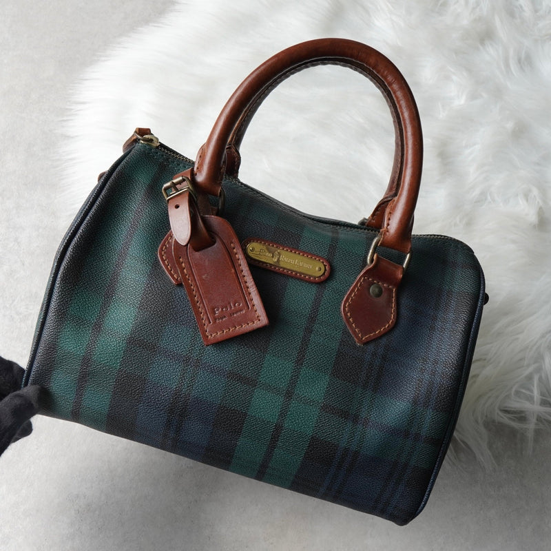 ポロ ラルフローレン チェック柄 PVC ミニボストンバッグ ハンドバッグ グリーン - NEWSED