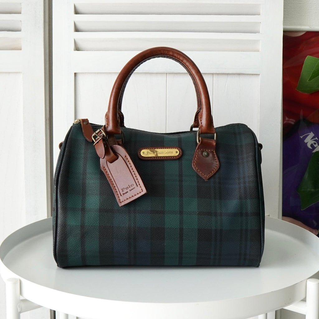 ポロ ラルフローレン チェック柄 PVC ミニボストンバッグ ハンドバッグ グリーン