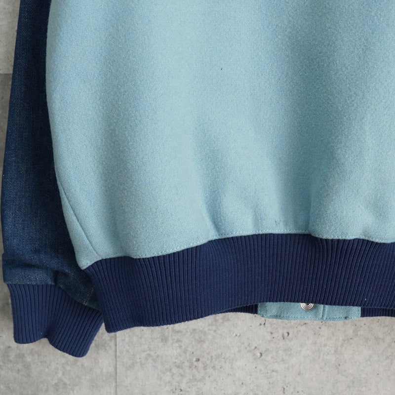 メゾン キツネ フェルトロゴ デニム切り替え ウール ブルゾン スタジャン ブルー