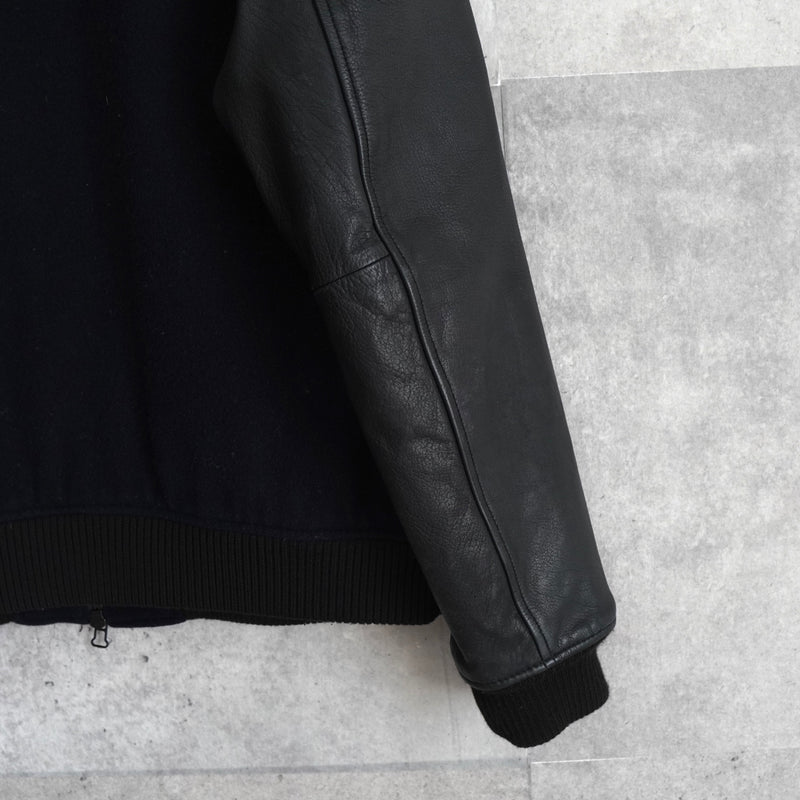 フレッドペリー ロゴ刺繍 レザー切り替え ウールブルゾン ブラック