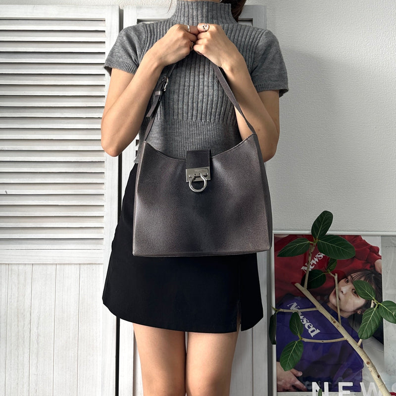 Silver Gancini Leather Shoulder Bag - NEWSED