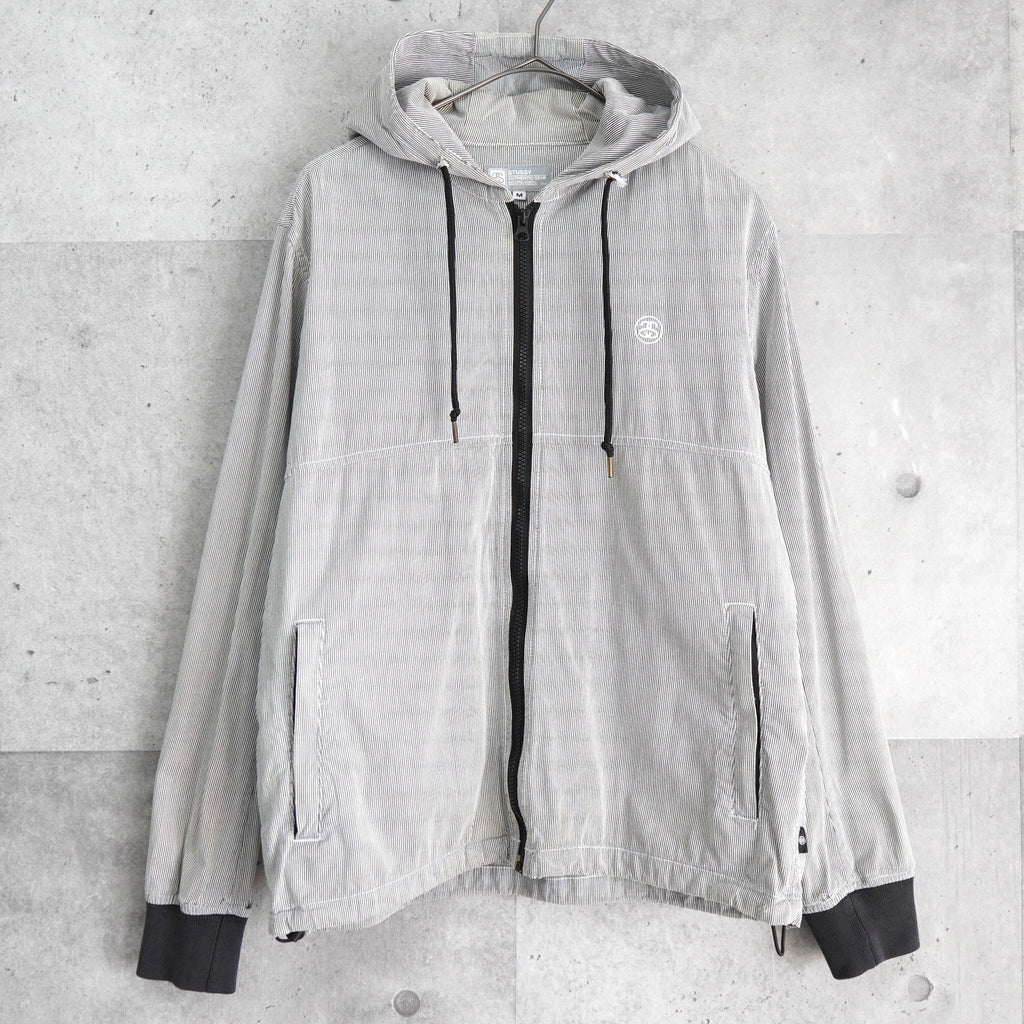 オールド ステューシーSSリンク 刺繍 ストライプ柄 ジップアップパーカー グレー / ホワイト