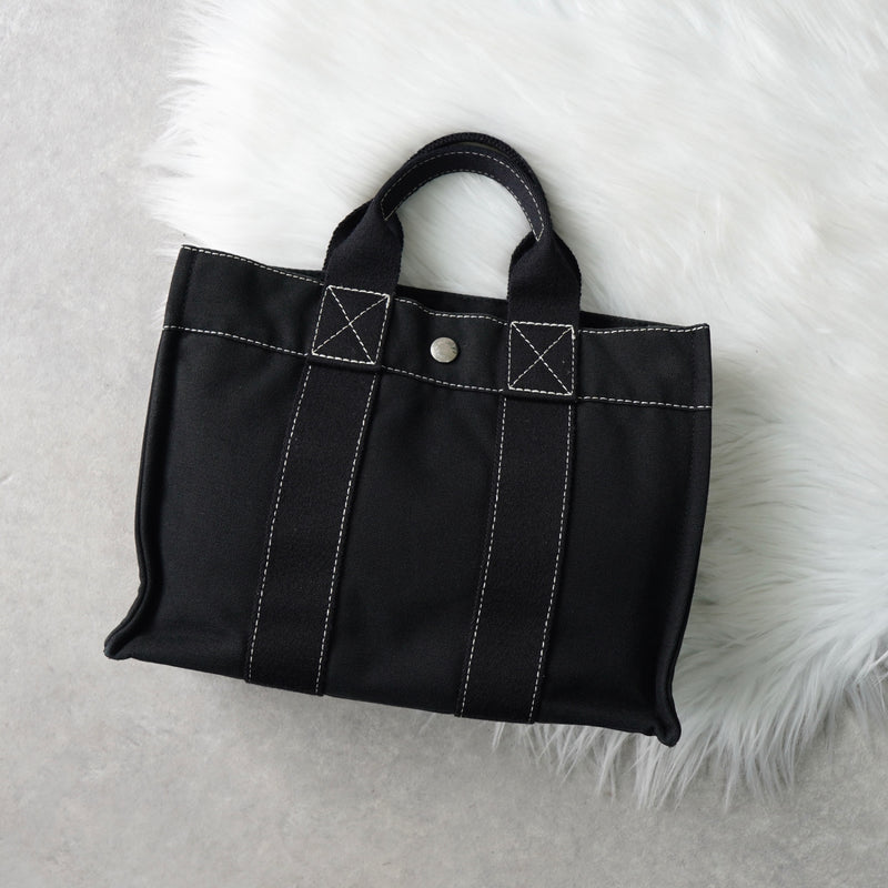 エルメス ドーヴィルPM キャンバス ハンドバッグ ブラック / ホワイトステッチ