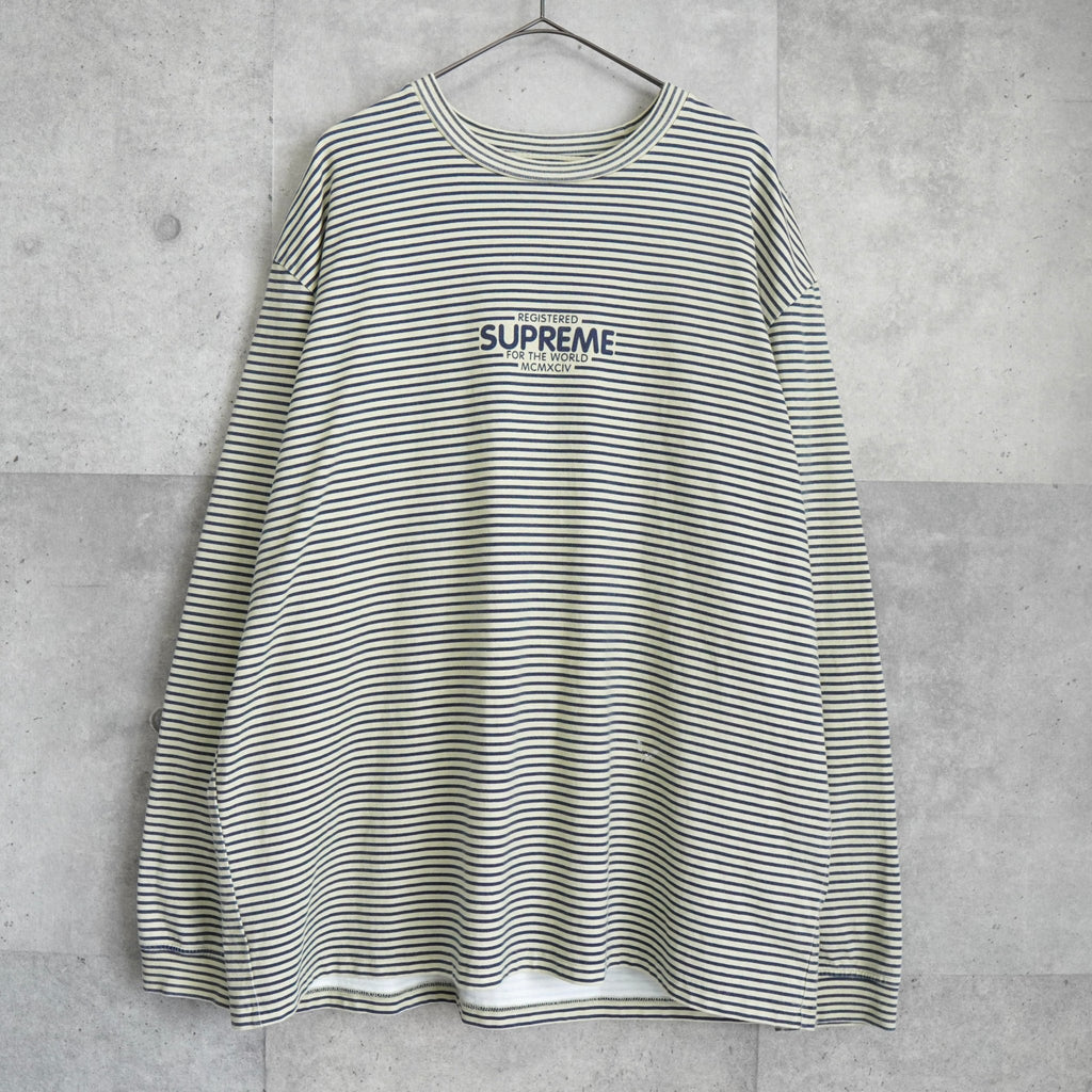 Supreme Logo Striped Long Sleeve T-Shirt in Ivory/Navy