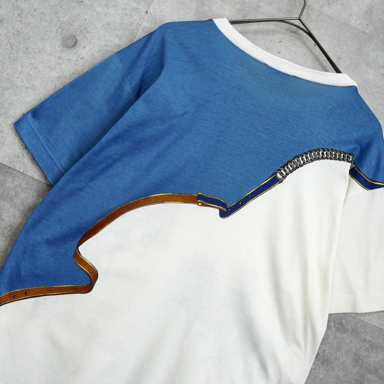 エルメス ホース柄 バイカラー 半袖トップス Tシャツ ブルー
