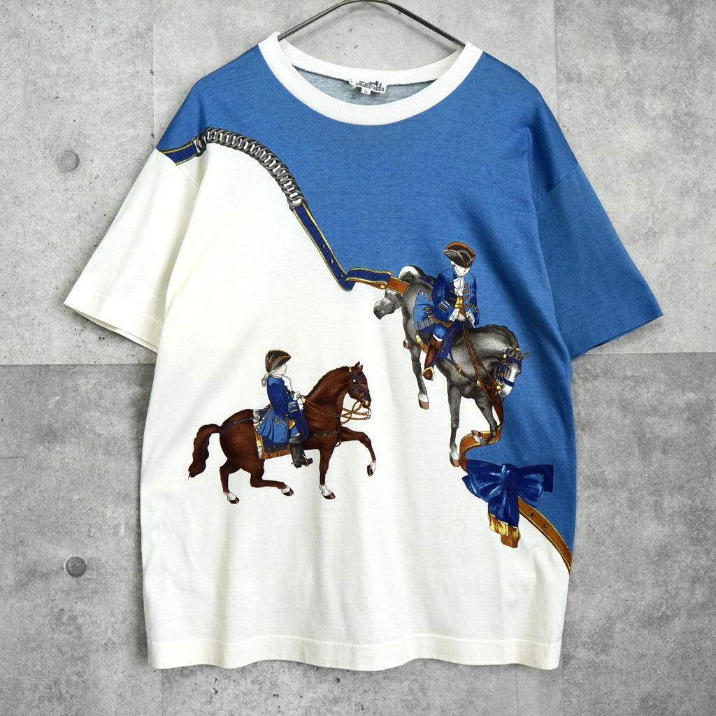 Hermes Horse Print Two-Tone Short Sleeve T-Shirt Blue/White