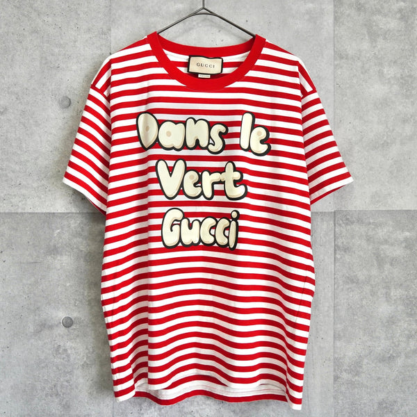 グッチ プリント ボーダー柄 Tシャツ レッド / ホワイト - NEWSED