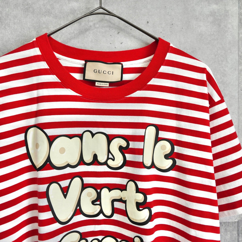 グッチ プリント ボーダー柄 Tシャツ レッド / ホワイト - NEWSED