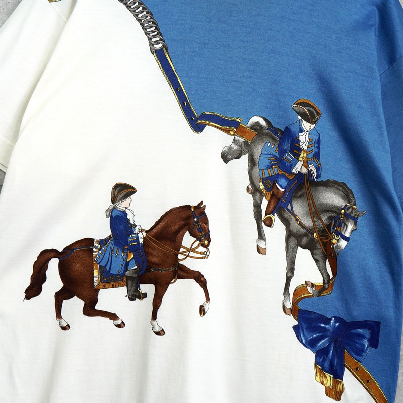 Hermes Horse Print Two-Tone Short Sleeve T-Shirt Blue/White