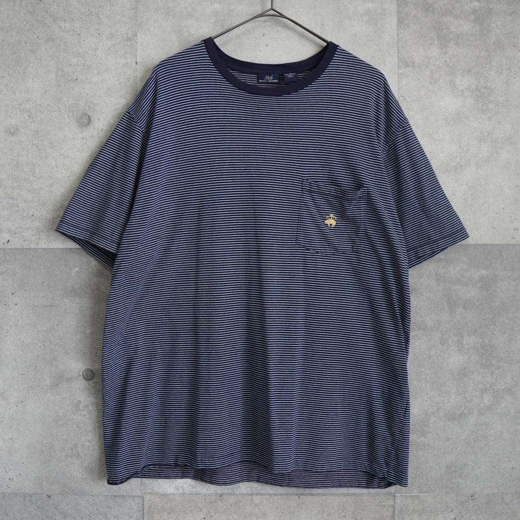 ブルックスブラザーズ ゴールド ロゴ刺繍 ボーダー柄 ポケット Tシャツ ネイビー / ホワイト