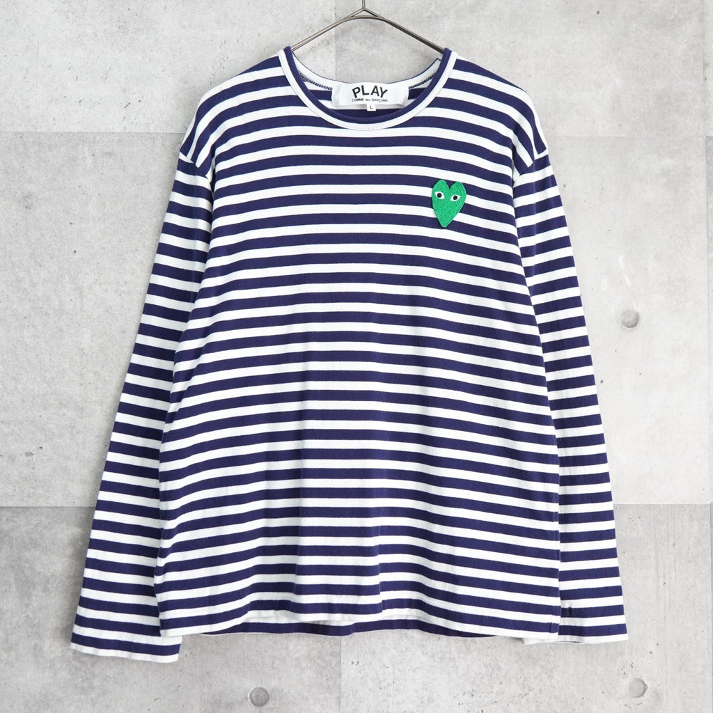 プレイ コムデギャルソン ハートロゴ ストライプ柄 ロンT ネイビ