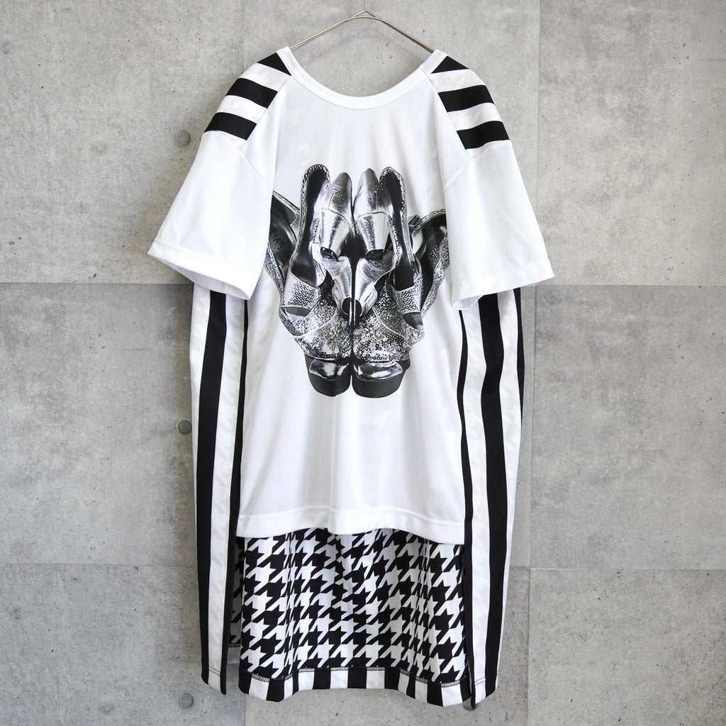 コムデギャルソン オムプリュス 千鳥格子柄 ストライプ柄 変形 オーバーサイズ Tシャツ カットソー ホワイト / ブラック