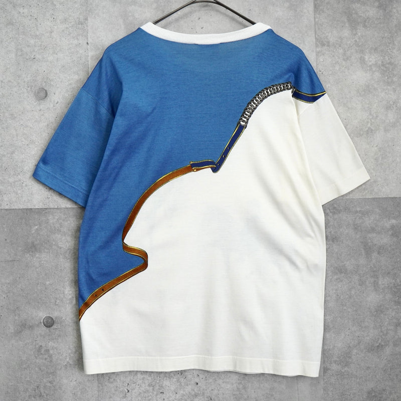 エルメス ホース柄 バイカラー 半袖トップス Tシャツ ブルー