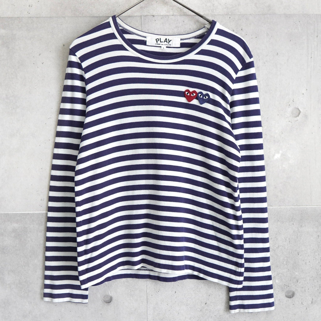 プレイ コムデギャルソン ロンT ストライプ柄 ロゴパッチネイビー AD2016