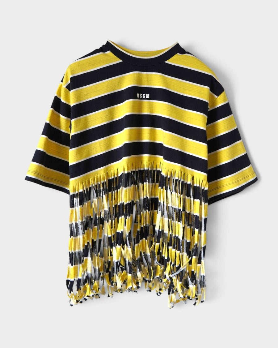エムエスジーエム ロゴ ボーダー フリンジ Tシャツ イエロー ブラック ホワイト XS レディース - NEWSED