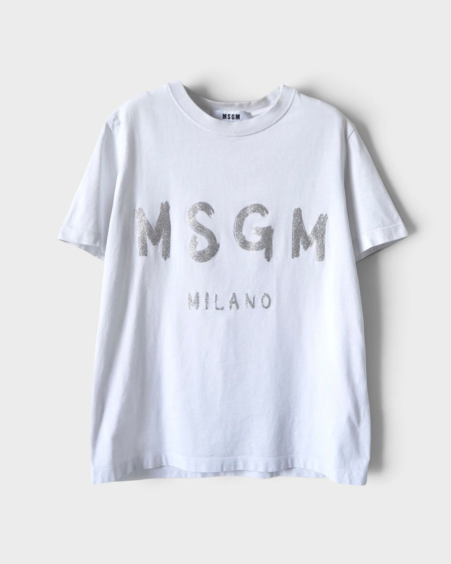 エムエスジーエム グリッター ロゴ Tシャツ ホワイト XS レディース - NEWSED