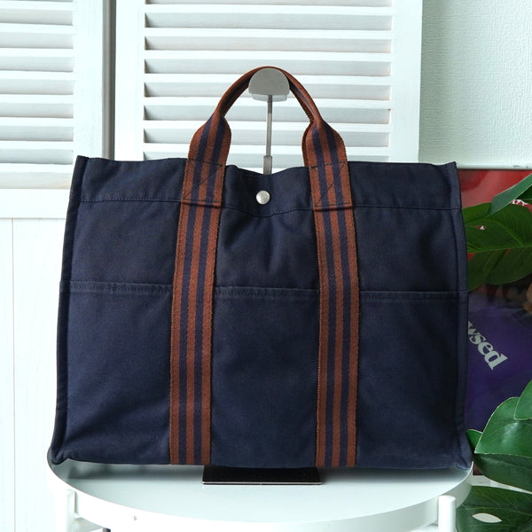 エルメス フールトゥMM キャンバス ハンドバッグ ネイビー / ブラウン