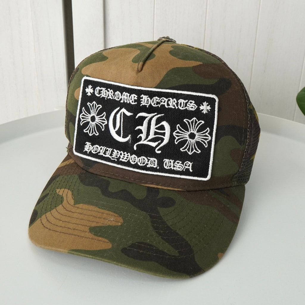 クロムハーツ TRUCKER CAP CHパッチ トラッカー クロスボール付き カモ柄 メッシュ キャップ 帽子 カーキ