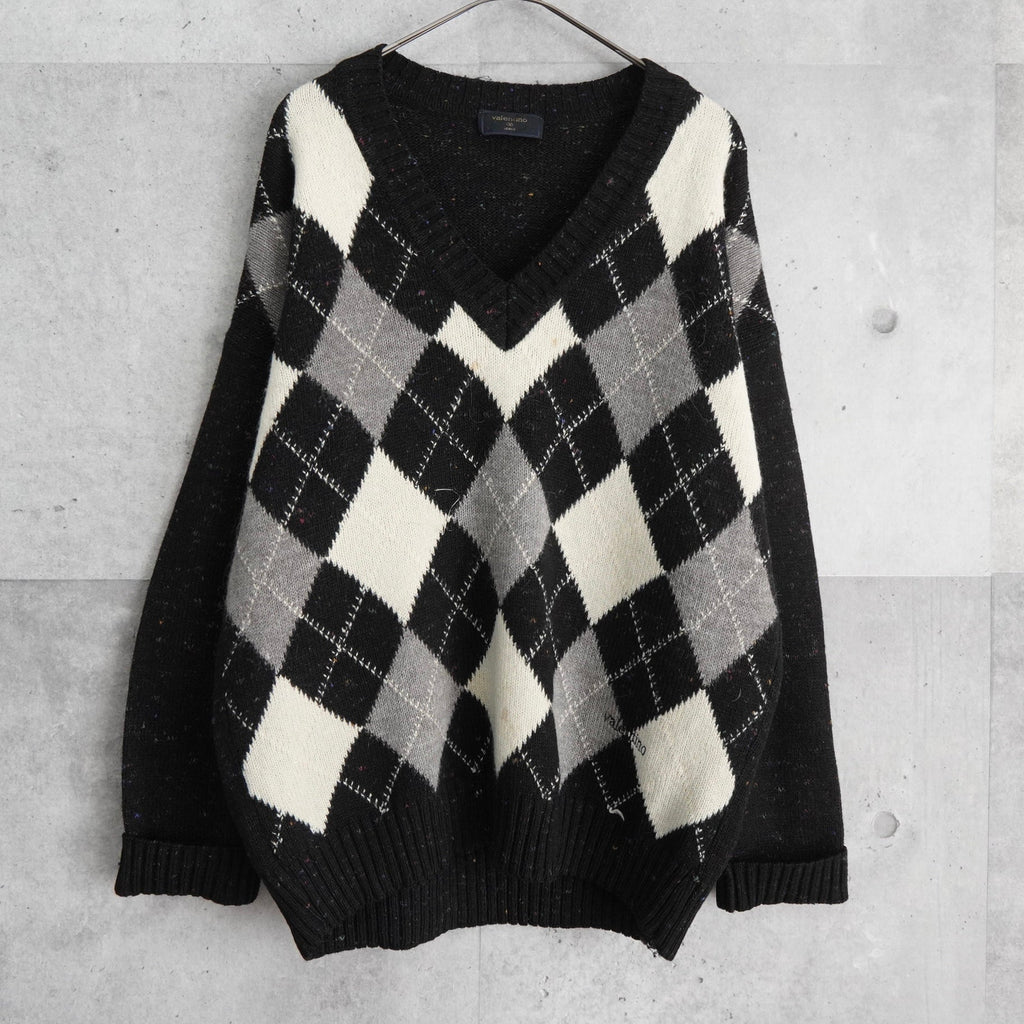 ヴァレンティノ ヴィンテージ Vネック ニット アーガイル柄 ロゴ 刺繍 ブラック