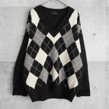 ヴァレンティノ ヴィンテージ Vネック ニット アーガイル柄 ロゴ 刺繍 ブラック - NEWSED