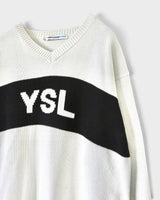 サンローラン ジーンズ ヴィンテージ Vネック YSLロゴ コットン ニット セーター ホワイト L メンズ - NEWSED