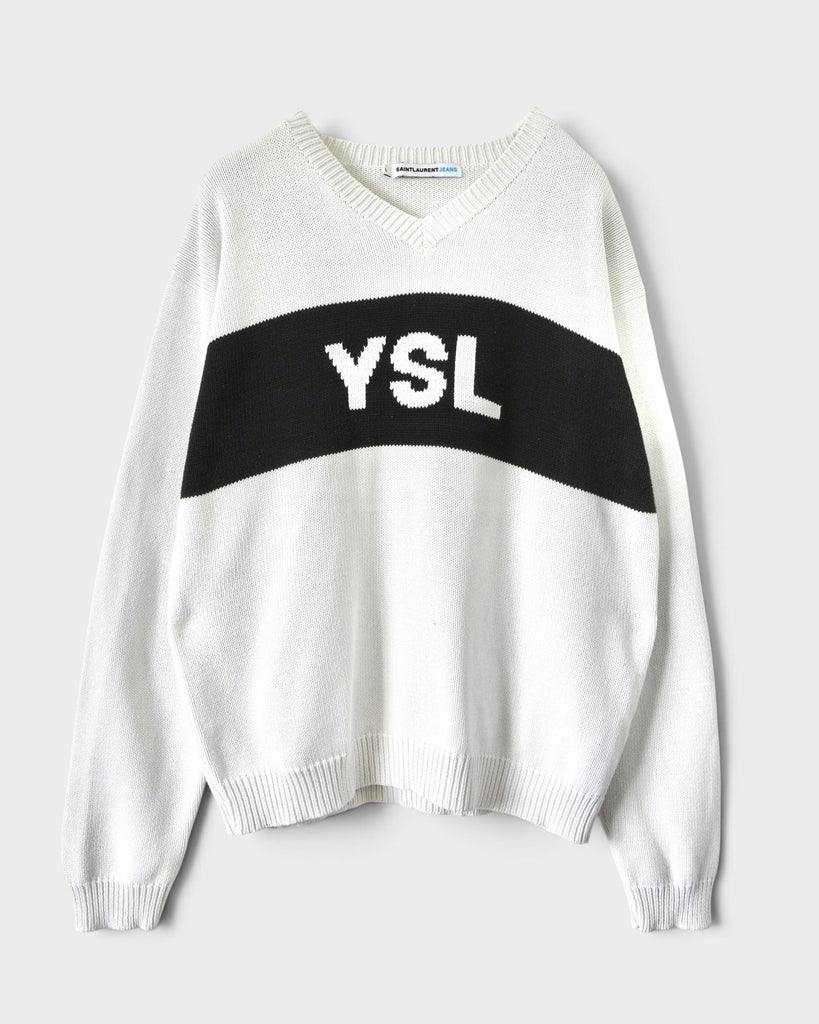 サンローラン ジーンズ ヴィンテージ Vネック YSLロゴ コットン ニット セーター ホワイト L メンズ
