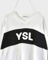 サンローラン ジーンズ ヴィンテージ Vネック YSLロゴ コットン ニット セーター ホワイト L メンズ - NEWSED