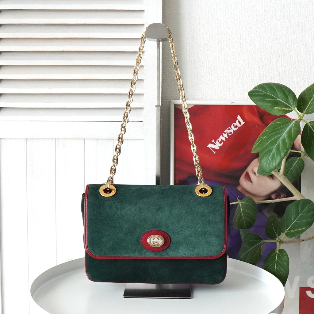 グッチ スエード / レザー バイカラー Wフラップ マリーナチェーン ショルダーバッグ グリーン / レッド