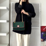 グッチ スエード / レザー バイカラー Wフラップ マリーナチェーン ショルダーバッグ グリーン / レッド - NEWSED