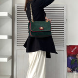 グッチ スエード / レザー バイカラー Wフラップ マリーナチェーン ショルダーバッグ グリーン / レッド - NEWSED