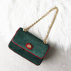 グッチ スエード / レザー バイカラー Wフラップ マリーナチェーン ショルダーバッグ グリーン / レッド