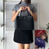 White Stitch Black Leather Hand Bag