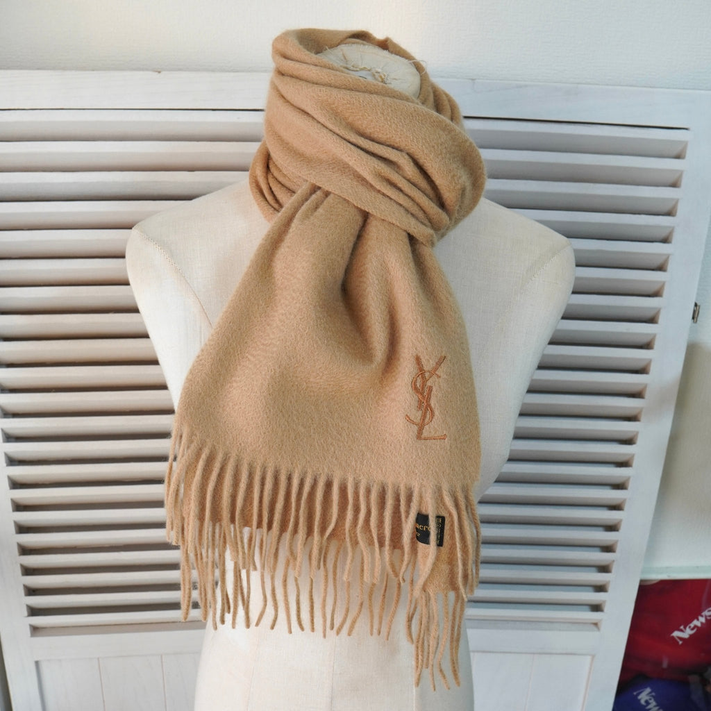 イヴ サンローラン ヴィンテージ YSLロゴ カシミア100% マフラー ベージュ