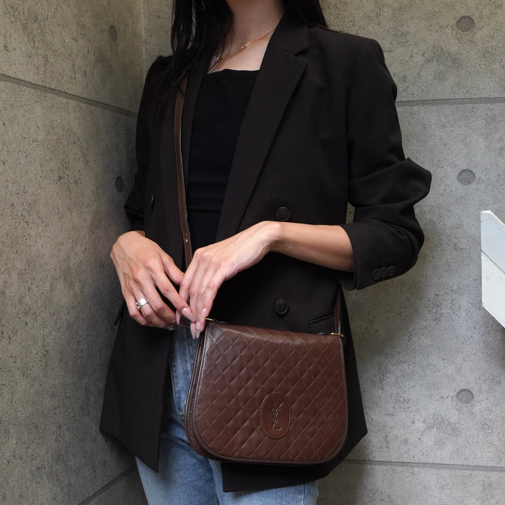 イヴサンローラン ヴィンテージ YSLロゴ キルティング レザー ショルダーバッグ ブラウン