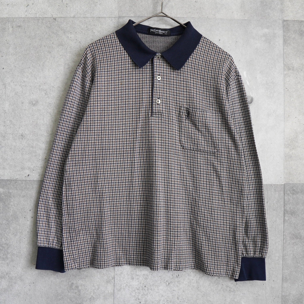 イヴサンローラン YSLロゴ チェック柄 長袖ポロシャツ ブラウン