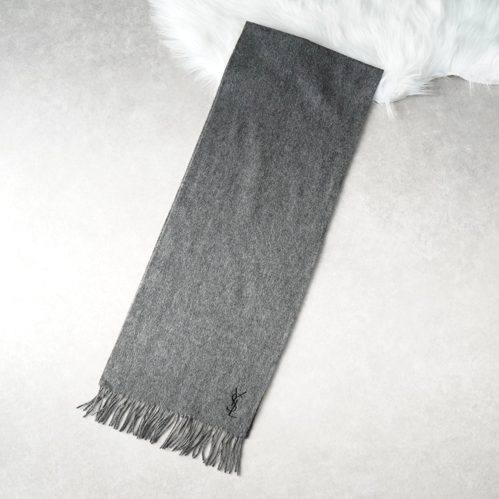 イヴ サンローラン ウール マフラー YSLロゴ グレー | ブランド古着を