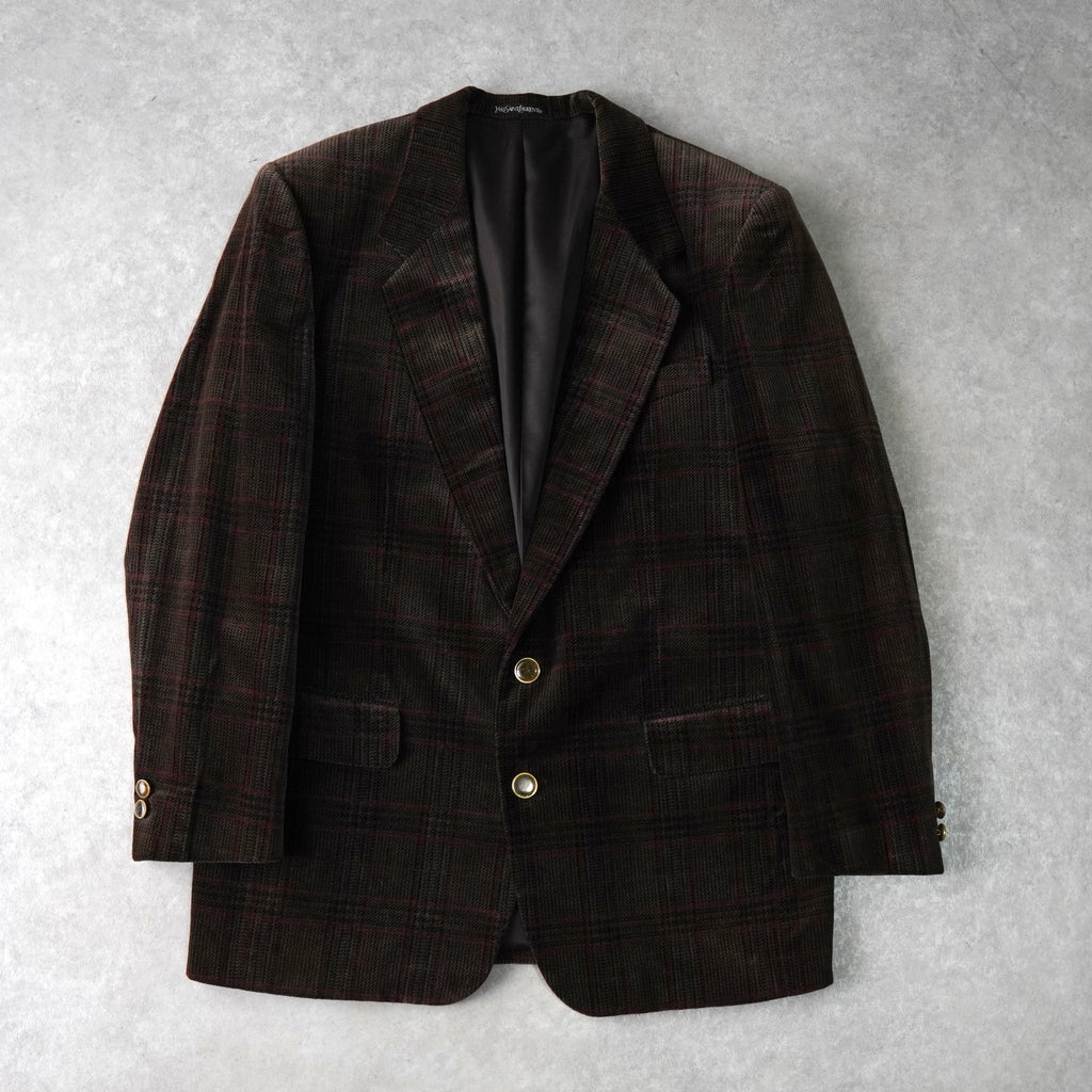 イヴサンローラン ヴィンテージ YSLロゴ ボタン チェック柄 ベロア テーラードジャケット ブラウン