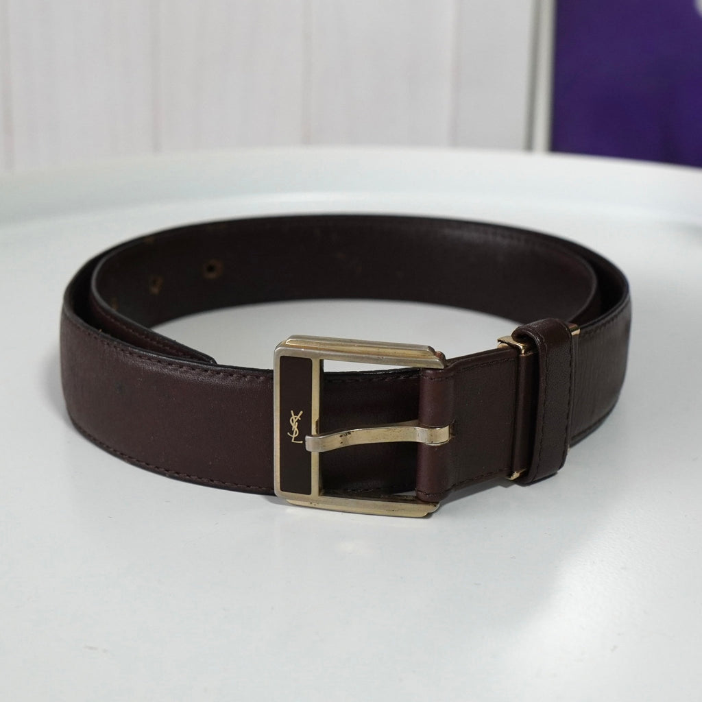 Vintage Yves Saint Laurent YSL logo silver hardware belt brown