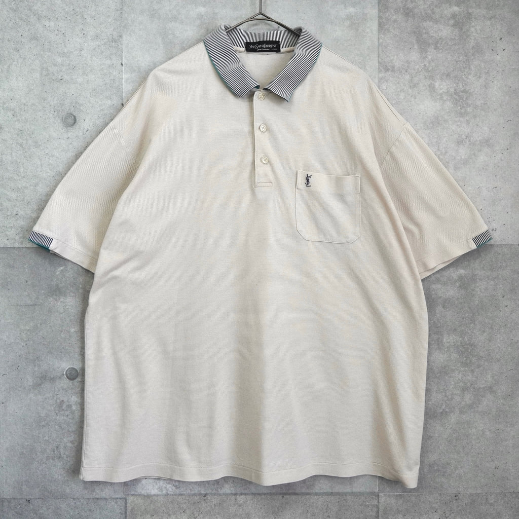 复古 YSL 徽标刺绣米色短袖 Polo 衫