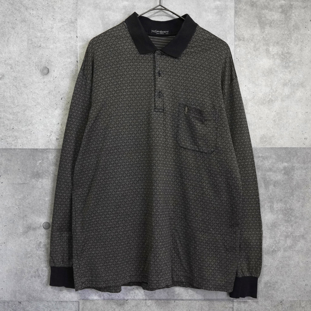 イヴサンローラン ヴィンテージ YSLロゴ 総柄 長袖ポロシャツ ブラウン