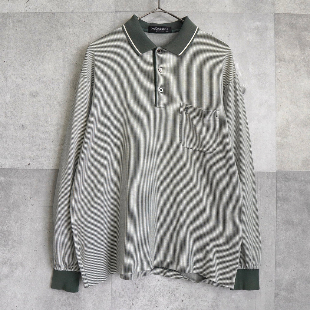 复古 YSL 卡其色条纹长袖 Polo 衫