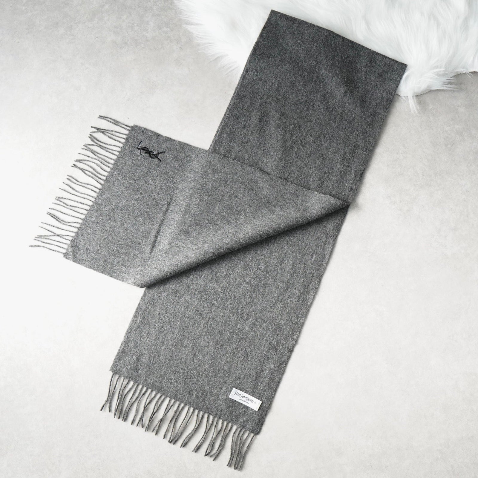 イヴ サンローラン ウール マフラー YSLロゴ グレー | ブランド古着を