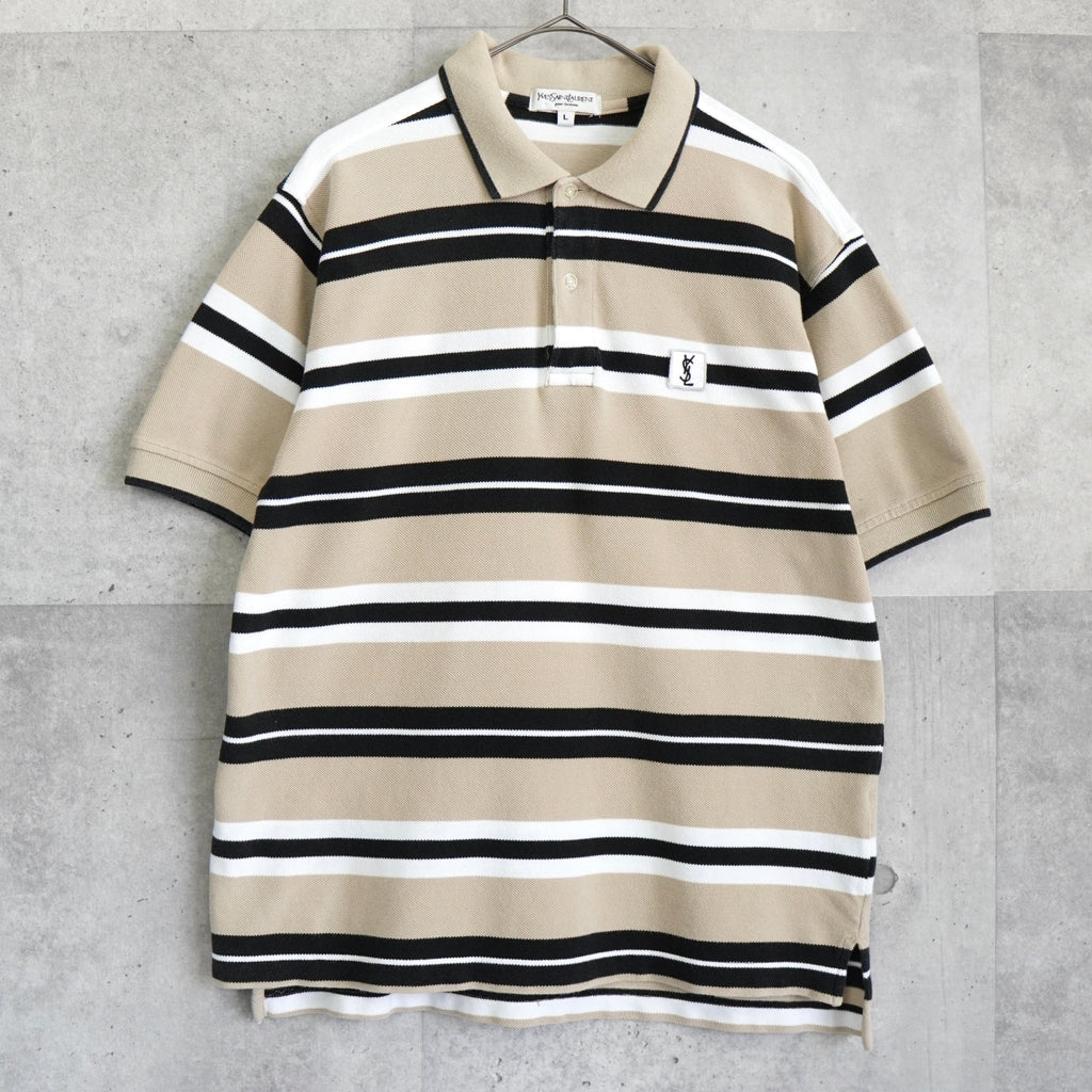 Vintage YSL logo striped short-sleeved polo shirt in beige