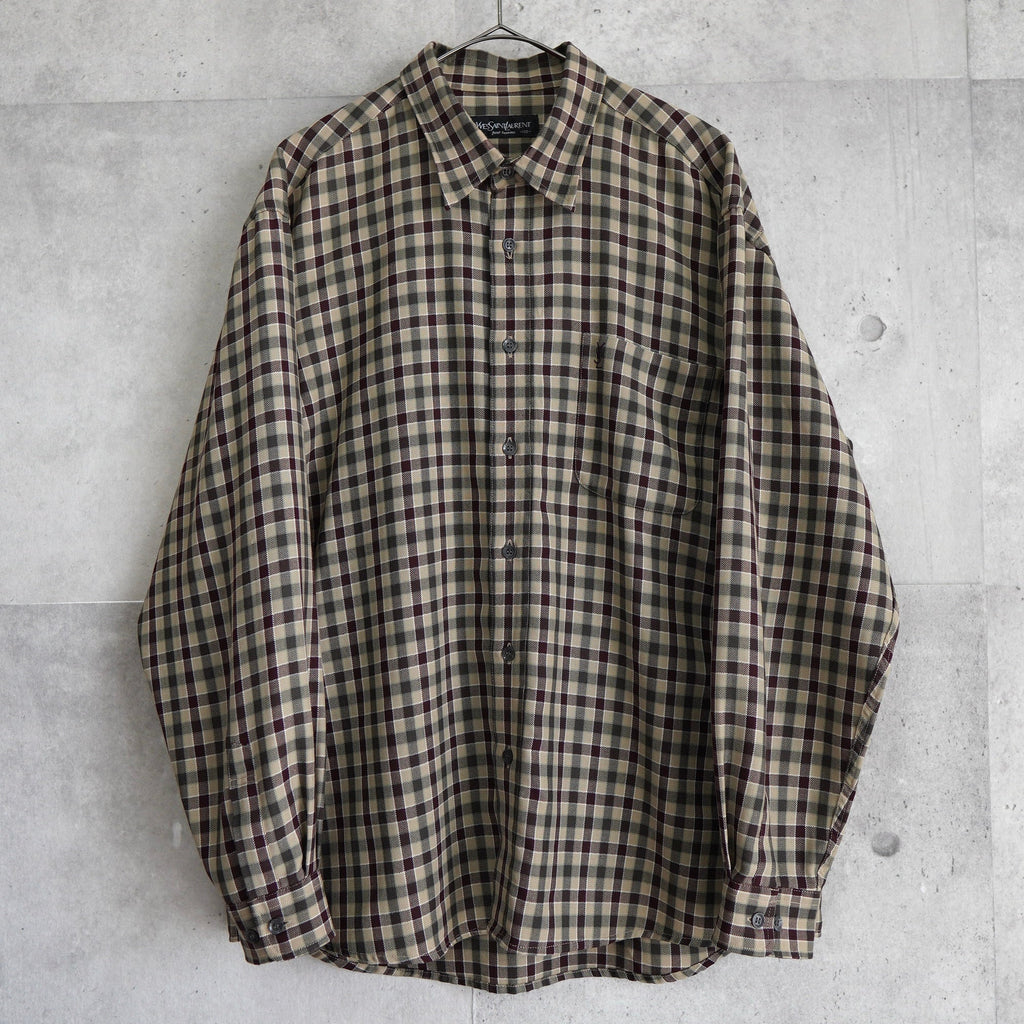 イブ サンローラン ヴィンテージ YSLロゴ チェック柄 長袖シャツ ブラウン/カーキ
