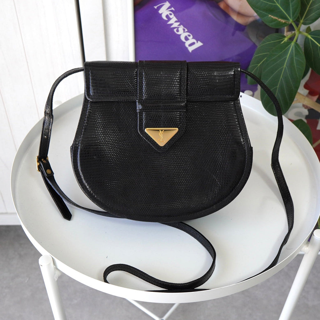 イヴ サンローラン ヴィンテージ YSLロゴ リザード ショルダーバッグ ブラック