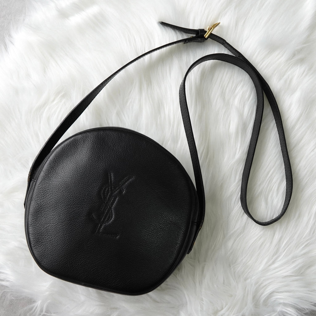 イヴサンローラン ヴィンテージ YSLロゴ レザー ラウンド ショルダーバッグ ブラック